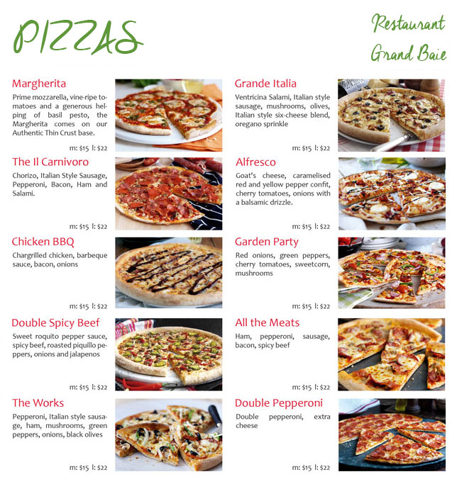 Menu Restaurant Grand Baie